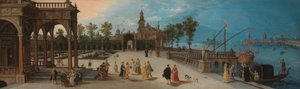 Dansfest på förgården till ett imaginärt palats med en Capriccio-vy över Venedig i fjärran av Anonymous