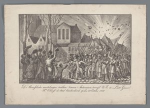 Brysselmyteristerna går in i Antwerpen, medan Z.E. generallöjtnanten. Bn. Chassé bombarderade staden den 28 oktober 1830 (titel på objekt) av Anonymous
