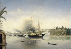 Beskjutningen av Sultanen av Djambis Kraton av regeringens örlogsfartyg "Celebes", "Admiraal van Kinsbergen" och "Onrust" den 8 september 1858 av Anonymous
