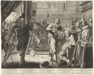 Bonden i den stora frisörsalongen, ca 1650 De Groote Scheerders Winckel (titel på objekt) av Anonymous