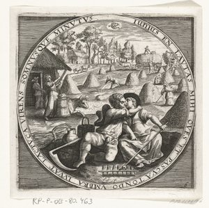 Månaden juni, hooimaken, ca. 1600 De tolv månaderna av året bild i scener från folklivet (serietitel) Schema för de 12 månaderna med deras operationer och deras tillämpning på zodiakens tecken, uppdelade i fyra delar av året (serietitel på objekt) av Anonymous