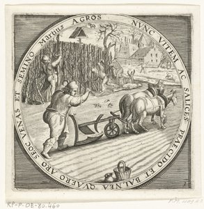 Månaden mars, ploegen, ca. 1600 De tolv månaderna av året bild i scener från folklivet (serietitel) Schema för 12 månaderna med deras verksamhet och deras tillämpning på zodiakens tecken, uppdelade i fyra delar av året (serietitel på objekt) av Anonymous
