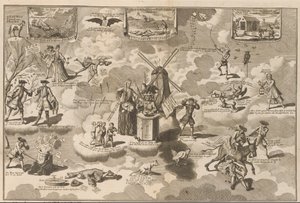 Den besegrade actionisten i ringstolen, 1720 Den besegrade actionisten i stolen med Rinkels, övertalad av den Lauwerd-trojanska hästen (titel på objekt) The Great Scene of Folly (serietitel) av Anonymous
