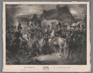 Ersättningen av den skadade hästen av prinsen av Orange (senare kung Willem II), under slaget vid Boutersem, 12 augusti 1831 Bautersem 12 augusti 1831 (titel på objekt) av Anonymous