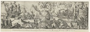 Världen delas i den fredliga republiken å ena sidan och kaos och våld utövat av Romskyrkan å andra sidan Maktlös Donder van den Helschen-hund mot den nakna sanningen och Eendragtig-förbundet, 1617 (titel på objekt) av Anonymous