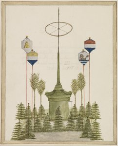 Dekoration runt Pompen på Grote Markt i Middelburg, vid ankomsten av Hans Majestät Kung Willem III till den staden, den 21 maj 1862 (titel på objektet) av Anonymous