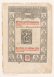 Dekorativ ram med femton forskare Titelsida för: Luis Coronel, Physice perscrutationes, 1511 av Anonymous