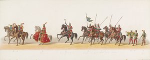 Delfts parad 1873 (tredje plattan) Klädd procession som hölls av medlemmarna i Delftsche Studentencorps den 8 juli 1873, föreställande: Karel van Egmond, hertig av Geldern, greve av Zutphen, inresa i Arnhem 1492 (serie ti av Anonymous