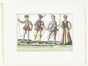 Tre spanska soldater i uniform och en marknadsförare, ca 1580 Dräkter militära Espagnols (titel på objekt) av Anonymous