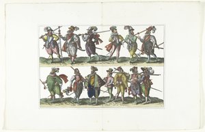 Dubbeltallrik med tretton beväpnade medborgare i uniform enligt mode i Antwerpen, ca 1580 Bourgeois d
