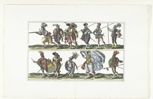 Dubbelplåt med elva beväpnade medborgare i uniform enligt modet i Antwerpen, ca 1580 Bourgeois d
