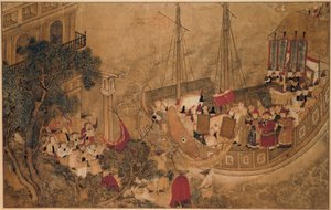 Ett kinesiskt skepp lägger till vid en europeisk byggnad The Wonders of Mazu (serietitel) av Anonymous