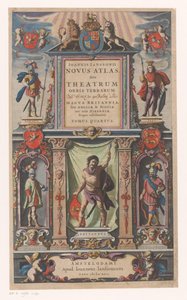 Fasad med personifieringar av fem befolkningsgrupper Titelsida för: Johannes Janssonius, Novus atlas, Sive theatrum (...) Tomus quartus, 1646 av Anonymous
