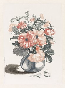 Fem tryck av blommor i glasvaser Glasvas med blommor, bredvid kronblad av Anonymous