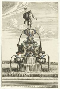 Fontän med staty av Neptunus Architectura Curiosa Nova (serietitel) av Anonymous