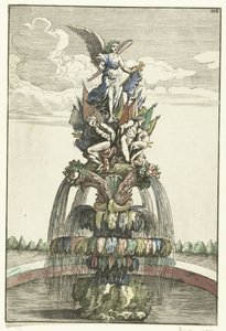 Fontän med staty av Victoria Architectura Curiosa Nova (serietitel) av Anonymous