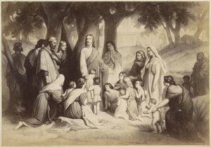 Fotoreproduktion av (förmodligen) ett tryck av Jesus med barn (Låt barnen komma till mig) av Anonymous