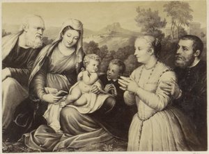 Fotoreproduktion av (förmodligen) ett tryck av den heliga familjen och grundarna av Anonymous