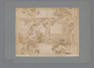 Fotoreproduktion av fresken The Fall and Expulsion from Paradise av Michelangelo i Sixtinska kapellet Roma. capp. sistina. Il primo peccato. Espulsione dal Paradiso (titel på objekt) av Anonymous