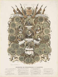 Jubileums- och festplakett med porträtt av Vilhelm I, Prins av Orange, hans söner Maurits och Frederik Hendrik, Prinsar av Orange, hans bröder Lodewijk, Adolf och Hendrik, grevar av Nassau, och Willem Bloys van Treslong av Anonymous