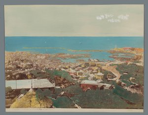 Utsikt över Genua och Linguriska havet, Italien Panoramadalen Ristorante Righi al Castellaccio (titel på objektet) Genova (serietitel på objekt) av Anonymous
