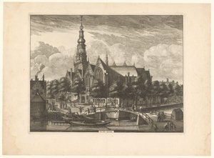 Utsikt över Oude Kerk i Amsterdam från Oudezijds Voorburgwal Gamla kyrkan (titel på objekt) av Anonymous