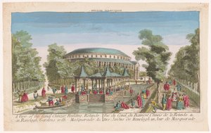 Utsikt över Rotundan och den kinesiska paviljongen på kanalen i Londons Ranelagh Gardens med en maskeradbal En vy av den kinesiska kanalbyggnaden, Rotunde i Ranelagh, trädgårdar, med maskerad. &c (titel på objekt) av Anonymous