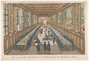 Utsikt över matsalen på Hôtel des Invalides i Paris med en grupp som äter Vue perspective du refectoire de l