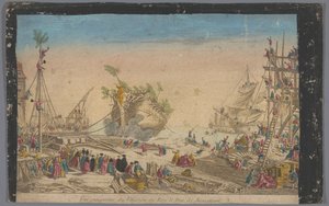 Utsikt över hamnen i Rochefort med slutet av skeppet Duc de Bourgogne den 20 oktober 1751 Vue perspective du vaisseau du roy le Duc de Bourgogne (titel på objekt) av Anonymous