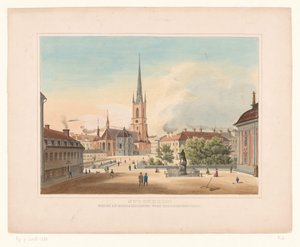 Utsikt över Riddarholmens kyrka i Stockholm Stockholm. Utsigt af Riddakholmen fran Riddarhustorget (titel på objekt) av Anonymous