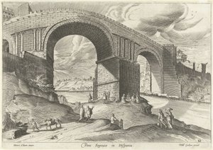 Vy över en bro från staden Segovia Pons Segouiae i Hispania (titel på objekt) Ruinarum varii prospekt (serietitel) av Anonymous