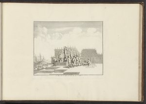 Vy över ett palats och statyer vid vattnet i Genua Le Palais orné de Statues, au bord dela Mer à Gennes (titel på objekt) Palats och monument i Venedig, Livorno, Neapel och Rom (serietitel) av Anonymous