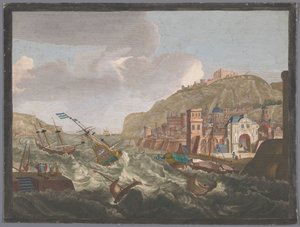 Utsikt över en södra hamn med fartyg och båtar på det rasande vattnet Vue d