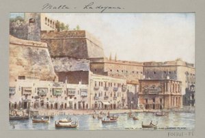 Utsikt över Maltas kust med brygga och tullbyggnad Malta. Anpassat hus och landningsplats (titel på objekt) av Anonymous