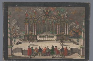 Utsikt över fyrverkerier och en triumfbåge med en dubbelhövdad örn och namnet på Josef II, tysk kejsare av Anonymous