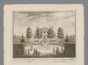 Utsikt över lantgården Esaie Gillot Huset av Mr. Esaie Gillot sedd framifrån / Vüe de la Maison Monsr. Esaie Gillot du Coté de la fasad (titel på objekt) Inifrån vy till kabinettet av Hr. Esaie Gillot / Vüe de la Maison de M av Anonymous