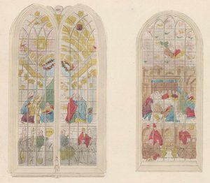 Glasramen in de Oude Kerk te Amsterdam, 1810-1825 Representation av de berömda målade fönstren i den gamla kyrkan (titel på objektet) av Anonymous