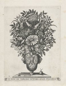 Grotesk vas med tre mascarons Vaser med blommor (serietitel) av Anonymous