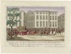 Omkörning av prinsen av Orange, 1787 Omkörning av Zyne Serene Highness Willem den V. dras i Haag av Burgers och Burgeressen, den 20 september 1787 (titel på objekt) Färgade tyska tryck om händelserna i av Anonymous