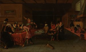 Interiör av en krog eller bordell med människor som dricker och spelar Trictrac av Anonymous