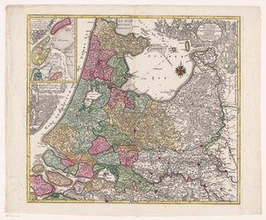 Karta av Holland, Utrecht och en del av Gelderland Tabellen över grevskapen i Holland fördelat mellan sina guvernörer (...) (titel på objekt) av Anonymous
