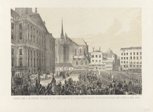 Ankomst av H.M. kung Willem III på dammen, vid H.D. högtidligt inträde i imperiets huvudstad, 12 maj 1849 (titel på objekt) av Anonymous