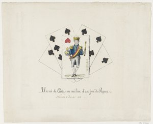 Koning Leopold I als de hartenkoning, 1831-1832 En kortkung i mitten av en spaderlek (titel på objekt) av Anonymous