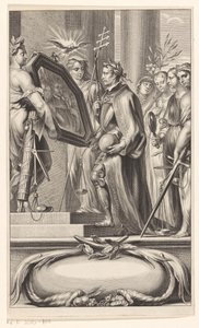 King hålls uppe i en spegel av Justice and Faith Titelsida för: Petrus Belluga och Camillo Borello, Speculum principum, 1655 av Anonymous
