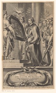 King presenteras för Spiegel av rättvisa och tro Titelsidan för: Petrus Belluga och Camillo Borello, Speculum Princip, 1655 av Anonymous