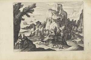 Kustlandskap med ett högt berg Landskap med figurer (serietitel) av Anonymous