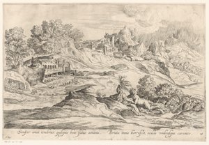 Landschap met minnend paar Den som är trogen sin älskare älskar alltid mörkret, / Den råa ryste fortfarande, hans ögon saknar skuggor (titel på objektet) Landschappen naar Domenico Campagnola (serietitel) av Anonymous