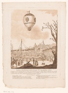 Luchtballon, Le Flezel, van Joseph-Michael Montgolfier den äldre buiten Lyon Aerostatisk maskin byggd av Mr. Montgolfier den äldre (titel på objekt) av Anonymous