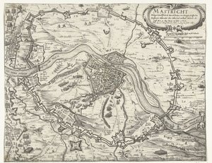 Maastricht ockuperat av Frederik Hendrik, 1632 Maestricht belägrad av Friderich Henrich Printzen von Orangien (...) den 9 juni år 1632. Tagen med Accort den 12 augusti år 1632 (titel på objekt) av Anonymous