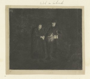 Man med lykta leder en gammal eller blind man genom natten Recueil de quatre-vingt-cinq estampes originales (serietitel) av Anonymous